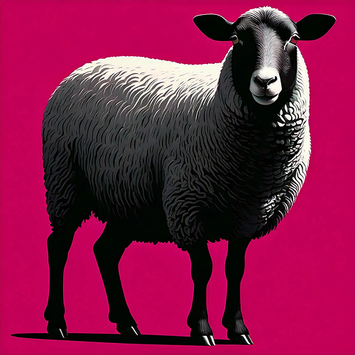 Ovelha branca com rosto preto, em pé, sobre fundo rosa.