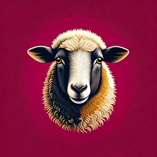 Rosto de ovelha preto e branco em fundo rosa.